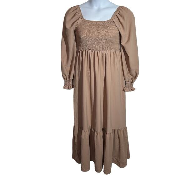 Khaki Boho Festival Maxi Dress Square Neck Ruffle Hem Size Large - Picture 5 of 14